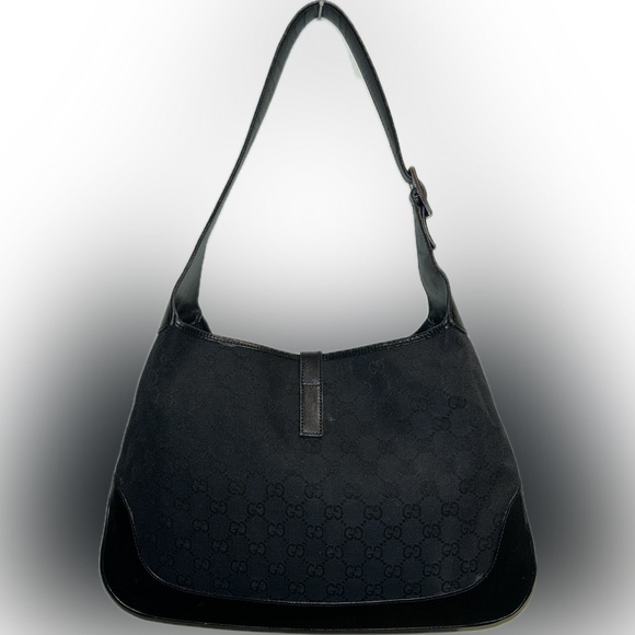 Vintage Gucci Jackie Black Monogram Logo Canvas Leather Luxe Shoulder Bag Purse - Picture 4 of 16